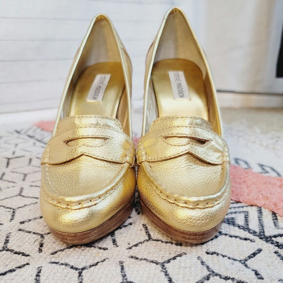 Steve Madden Gold Leather Platforms Loafer Heels, sz 9 - Picture 2 of 13